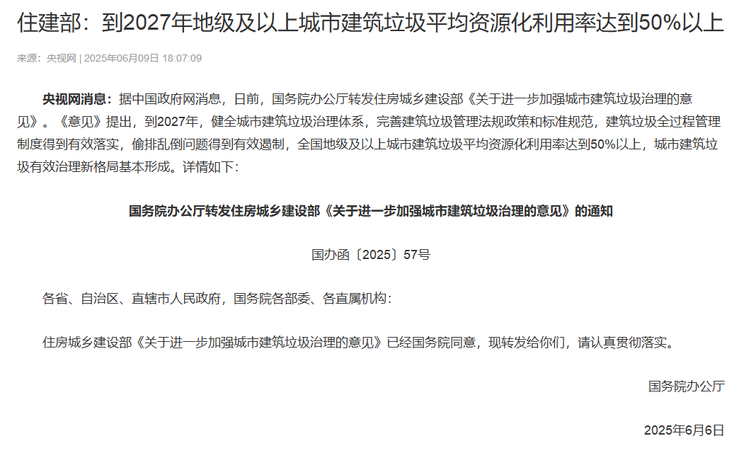 住建部:到2027年地级及以上城市建筑垃圾平均资源化利用率达到50%以上 住建部:到2027年地级及以上城市建筑垃圾平均资源化利用率达到50%以上