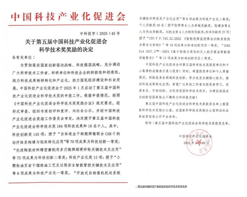 上海山美股份荣获第五届中国科技产业化促进会标准创新项目二等奖